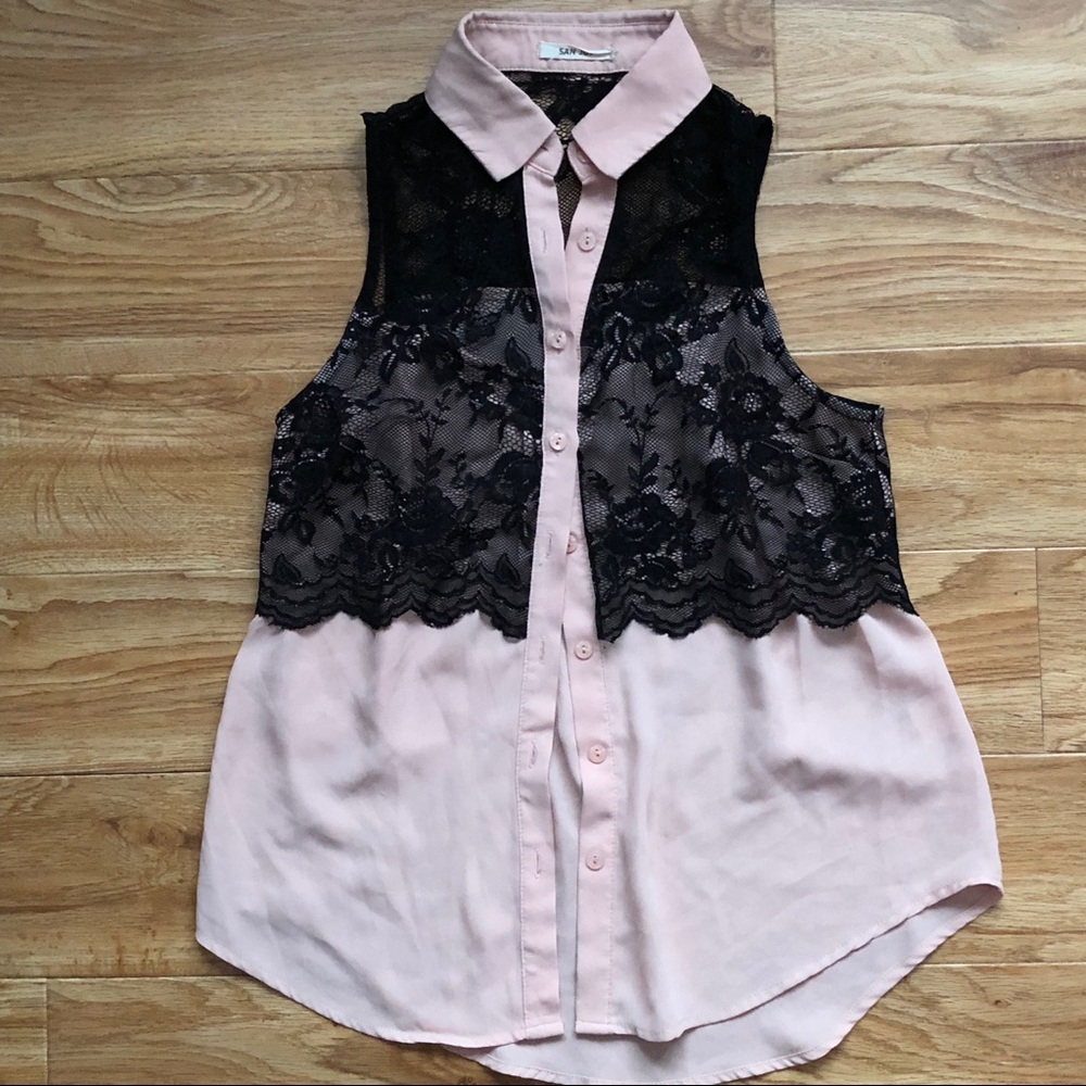Sleeveless Blush Button Up Blouse with Black Lace